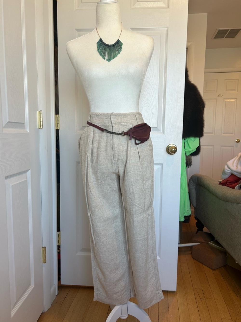 Free People Khaki Wide-Leg Linen Blend Pants